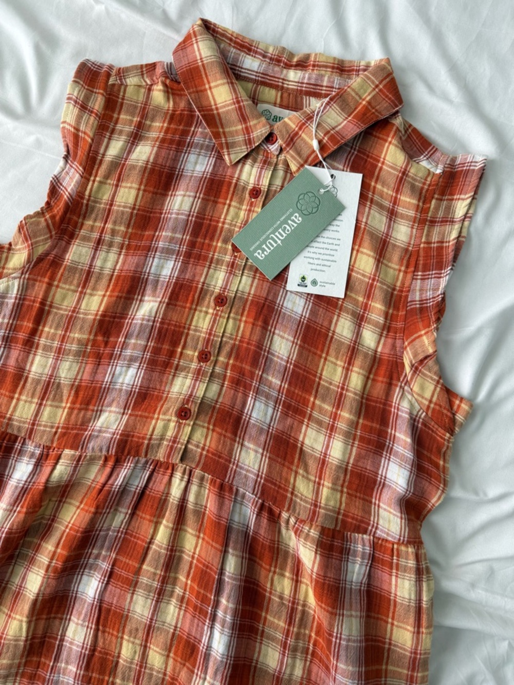 Organic Cotton Summer Dress Medium Aventura Montrose Plaid Yellow Orange Button - Picture 3 of 6
